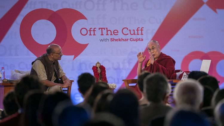 His Holiness the Dalai Lama giving an interview to Shekhar Gupta as part of his Off the Cuff series in New Delhi, India on February 6, 2017. Photo/Tenzin Choejor/OHHDL