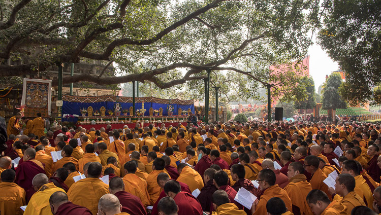 マハーボーディ寺院大塔にある菩提樹の側で祈願をされるダライ・ラマ法王と、祈願祭に集った大勢の信者たち。2018年1月17日、インド、ビハール州ブッダガヤ（撮影：テンジン・チュンジョル / 法王庁）