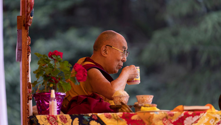 法話会の休憩時間に、お茶を楽しまれるダライ・ラマ法王。2019年8月13日、インド、ヒマーチャル・プラデーシュ州マナリ（撮影：テンジン・チュンジョル / 法王庁）