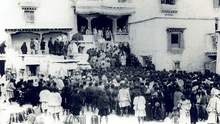 The interim government of Tibet being proclaimed by His Holiness the Dalai Lama at Lhuntse Dzong, Tibet in March of 1959.